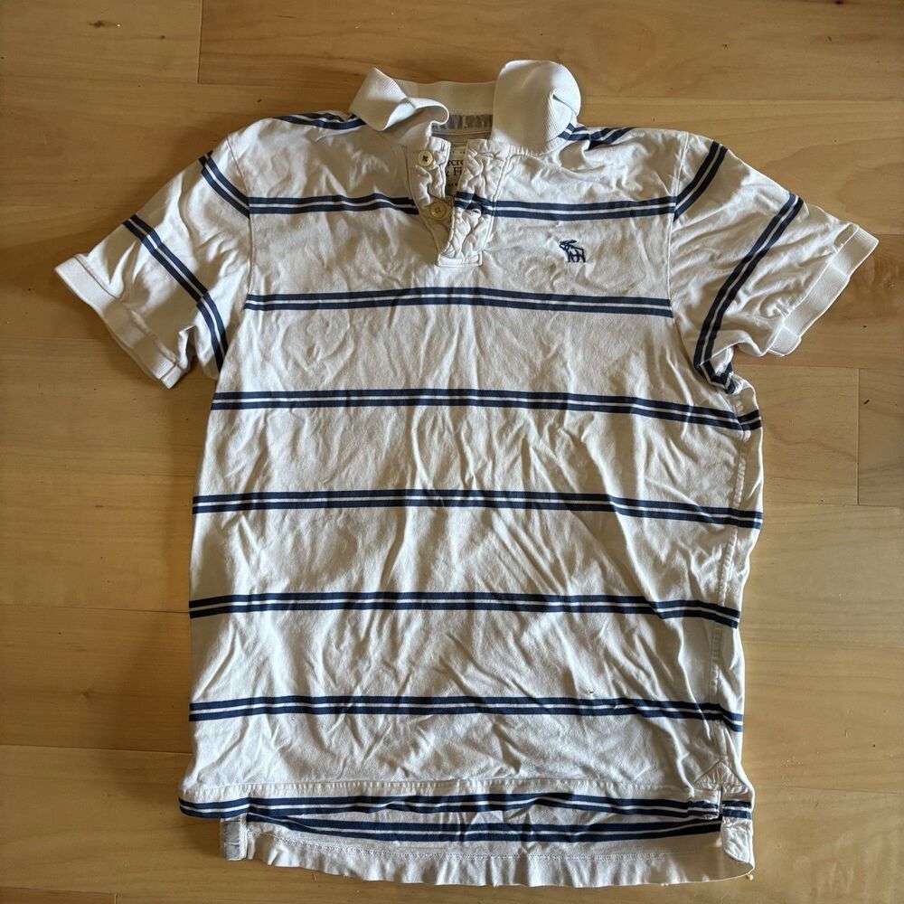 Men’s Vintage Abercrombie and Fitch Moose Polo White with Blue Stripes Size XL